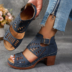 【36-43】Sandale damă cu model perforat retro｜Toc gros stabil, confort zilnic｜Disponibile și în mărimi mari
