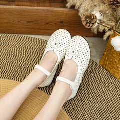 Pantofi de Damă din Piele cu Perforații de Vară, Talpă Joasă și Confortabilă, Decor Florale Retro, Baretă Elastică pe Gleză