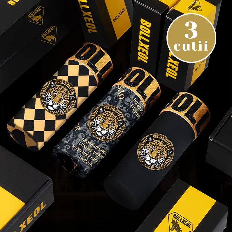 Set 3 Boxeri de Lux pentru Bărbați în Cutie Cadou – Chiloți Antibacterieni Clasa 10A, Material Moale, Respirabil și Confortabil, Imprimeu Premium Cap de Leopard