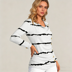 Divatos csíkos mintás, gombos hosszú ujjú női póló – kényelmes és karcsúsító