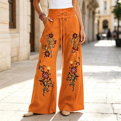 Pantaloni Largi de Damă în Stil Bohemian cu Broderie Florală – Pantaloni Casual cu Talie Înaltă, Elastică și Șnur