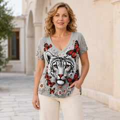 🛍️ Stil Jucăuș de Vară! Tricou Trend Plus Size cu Decolteu în V și Imprimeu Animal | L-4XL