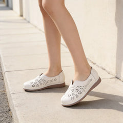Pantofi de Damă fără Toc din Piele Moale, cu Decupaje Florale Perforate, Mocasini Confortabili și Respirabili de Zi cu Zi