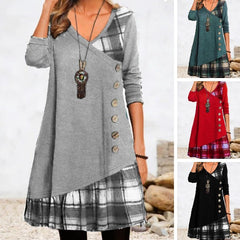 👗Új divatos hosszú ujjú ruha kockás patchwork dizájnnal | Karcsúsító szabás | Elegáns és könnyen kombinálható | Őszre és télre