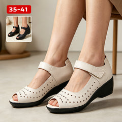 👡✨ Sandale cu platformă tip pană din piele moale, cu design decupat și respirabil