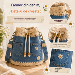 Geantă Tip Galeată Vintage din Denim și Croșet cu Momițe / Margarete Brodate – Buzunare Frontale Practice, Închidere cu Snur și Bareta de Umăr Removabilă