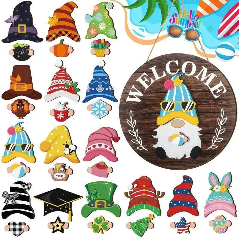 Plăcuță din Lemn „Welcome” pentru Ușă cu Elemente Interschimbabile – Semn Decorativ de Perete pentru Toate Anotimpurile și Ocaziile