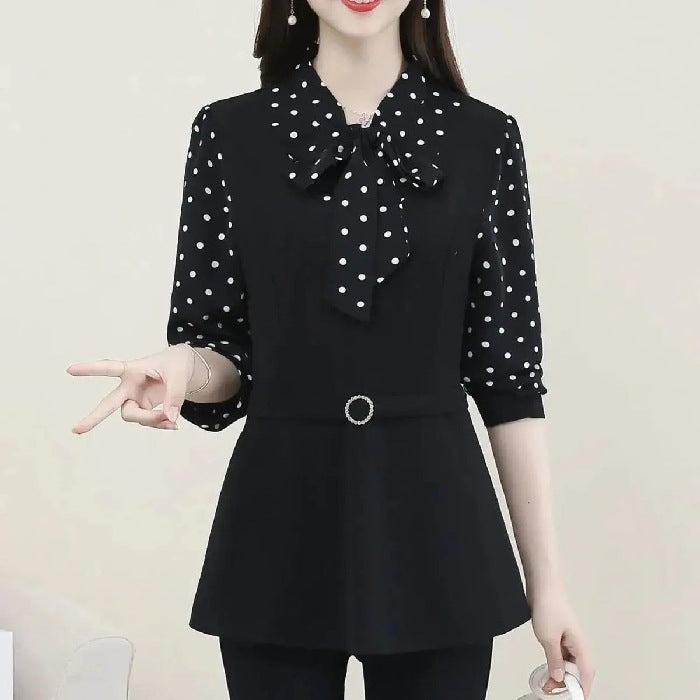 Női pöttyös, hosszú ujjú „két az egyben” blúz – karcsúsító, deréknál szabott, hasat takaró, elegáns masnival