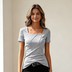 Tricou Dama Elegant cu Guler Pătrat și Pliuri Diagonale, Bluză Cambrată pe Corp din Bumbac Elastic, Material Moale, Respirabil și Confortabil
