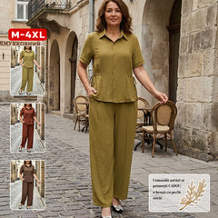 【Comandă astăzi și primești CADOU: o broșă cu perlă aurie.】Set Elegant de Damă cu Talie Ajustabilă, Cămașă cu Șnur și Pantaloni Lejeri, Material Premium cu Textură Fină, M-4XL