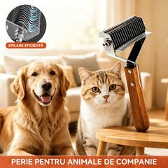 Perie Profesională De-Shedding pentru Câini și Pisici, Pieptene Dublu din Inox pentru Descâlcit Blana și Îndepărtat Subpărul, Mâner din Lemn, Reduce Căderea Părului
