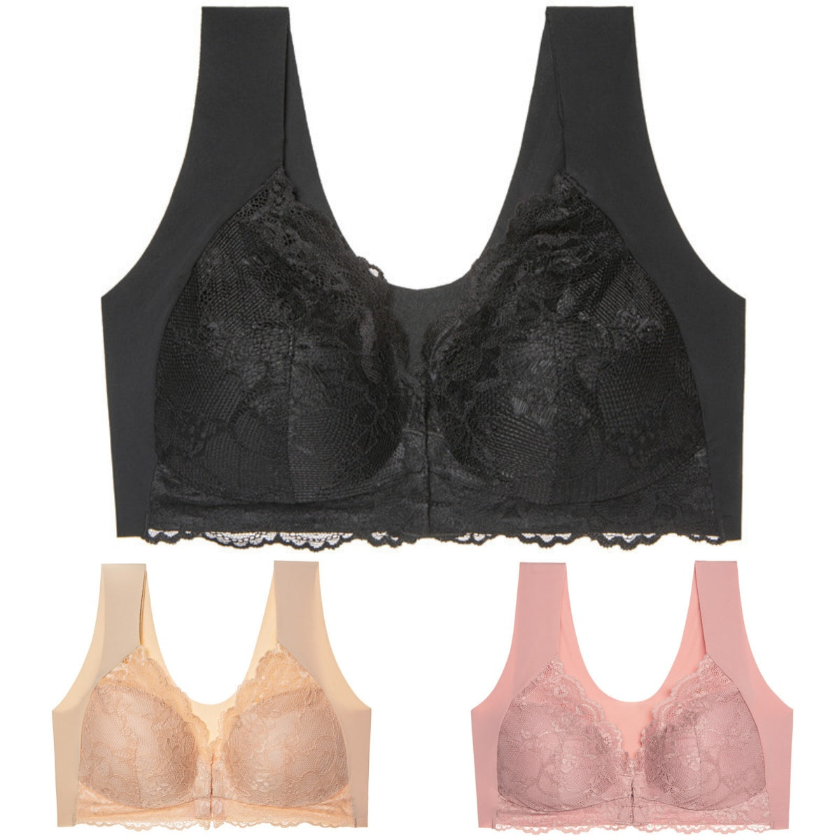 ✨【3 Bucăți】Sutien sexy fără armătură, cu închidere frontală, mărime plus, cu spate frumos