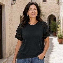 【没货源】Tricou Elegant de Damă cu Mâneci din Dantelă în Straturi – Material Premium Moale, Respirabil și Fin la Atingere, Stil Casual-Chic