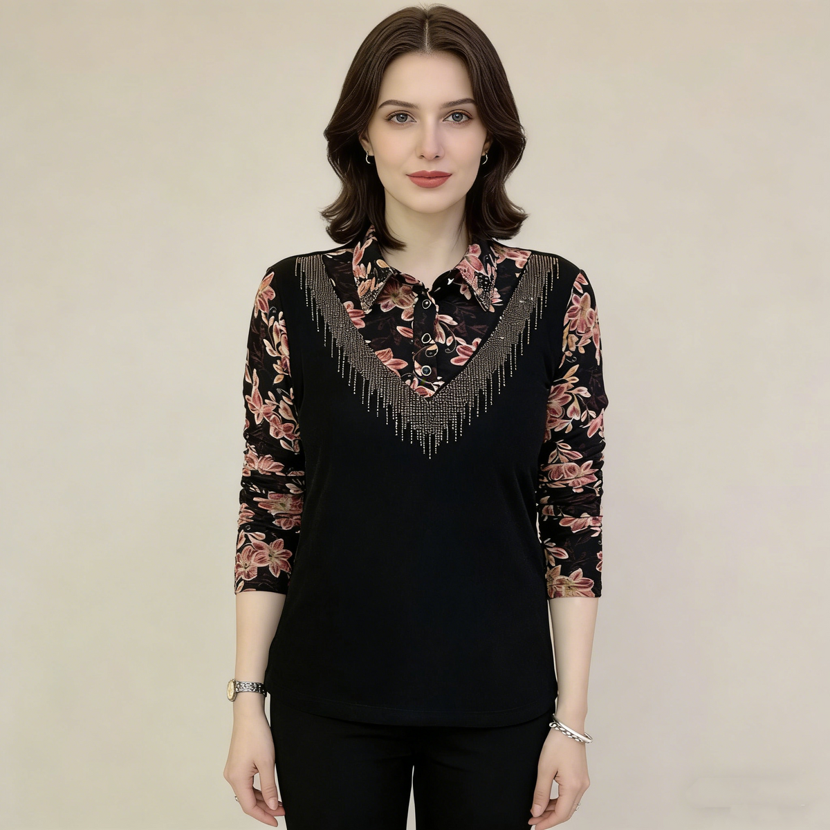 Elegáns hosszú ujjú felső – nyomott mintás gallér, puha bársony alsó rész