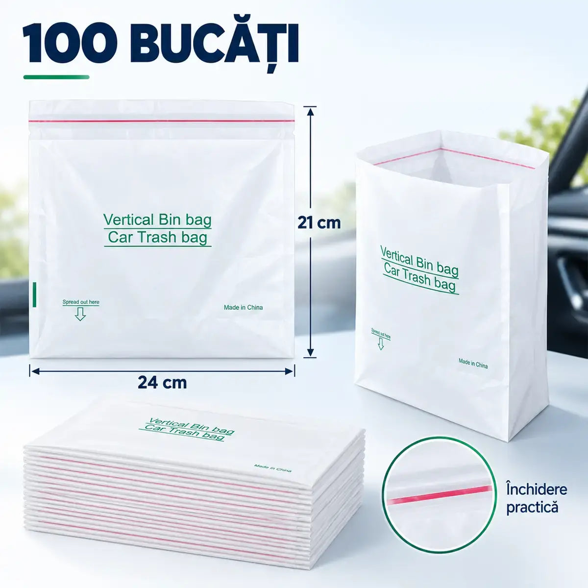 🚗 Păstrează Mașina Curată și Ordonată! Set de 100 Saci Auto pentru Gunoi, Autoportanți și Impermeabili! Cu Banda Adezivă și Închidere Etanșă · Fără Scurgeri · Perfecți pentru Mașină, Casă și Birou!