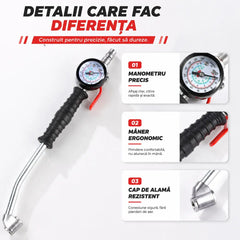 🛍️ Pistol Universal de Umflat Roți 3 în 1 cu Manometru de Precizie 🚘 Pentru Mașini, Camioane, Motociclete, Biciclete | Umflare, Măsurare Presiune & Evacuare Aer | Rezistent și Precis