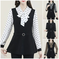 Női pöttyös, hosszú ujjú „két az egyben” blúz – karcsúsító, deréknál szabott, hasat takaró, elegáns masnival
