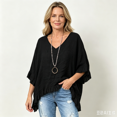 👚 Bluză de Vară din Bumbac Pur 100% – Decolteu în V, Volane Elegante, Croială Lejeră Anti-Burtiță, 6 Culori, Mărimi S-5XL! ☀️🍃