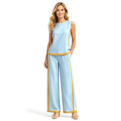 Set Elegant din Doută Piese pentru Femei - Top Fără Mâneci și Pantaloni Largi cu Margini Contrastante, Stil Casual de Vară