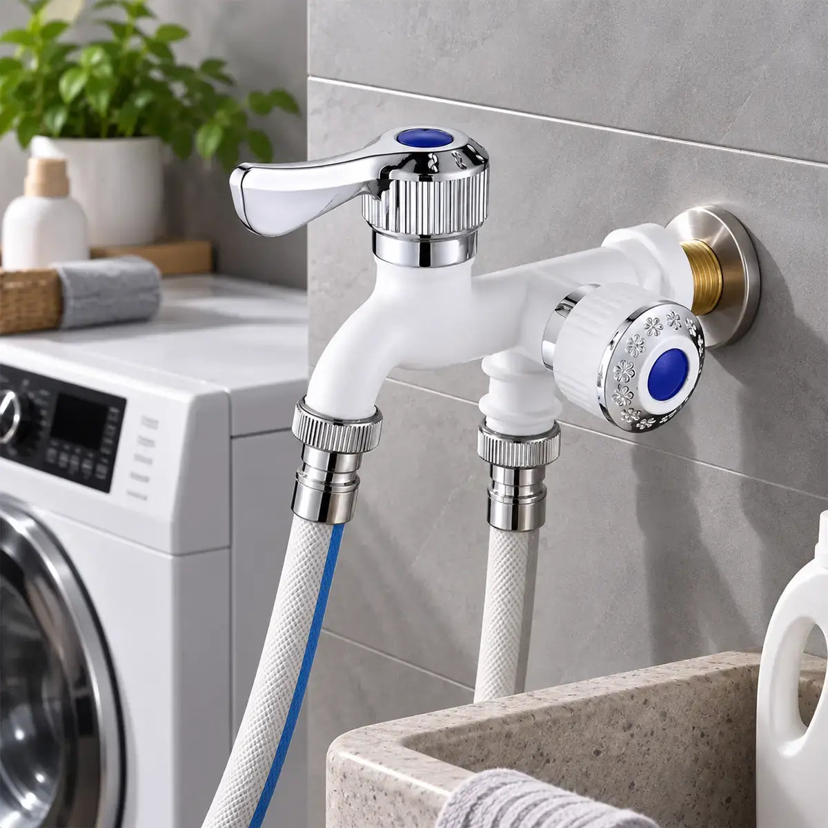 💦 Economisește Spațiu și Timp! Robinet Dublu Multifuncțional cu Două Ieșiri Independente (1/2")! Rezistent la Îngheț și Temperaturi Ridicate · Perfect pentru Mașina de Spălat, Grădină și Spălat Mașina!