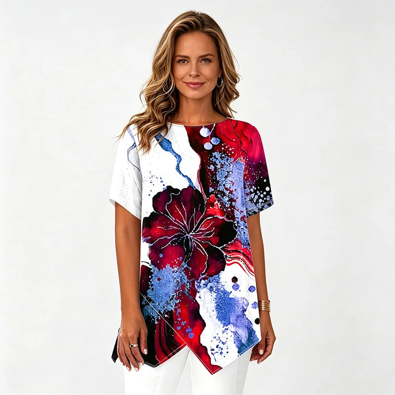 🛍️ Colecția de Vară 2026: Tricou Dama Elegant cu Imprimeu Floral și Tăietură Asimetrică ✨ Bluză Lejeră cu Mânecă Scurta, Efect de Subțiere | 4 Culori, Mărimi Mări S-4XL
