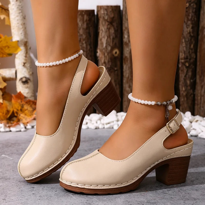 Pantofi Retro cu Toc Block Stabil și Talpă Moale, Confortabili pentru Vară
