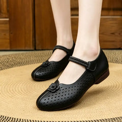 Pantofi de Damă din Piele cu Perforații de Vară, Talpă Joasă și Confortabilă, Decor Florale Retro, Baretă Elastică pe Gleză