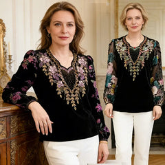 Bluză Vintage cu Imprimeu Artistic și Detalii Brodate – Stil Rafinat