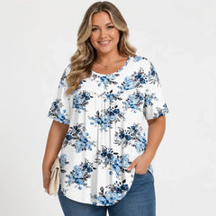 Bluză de Vară Marimi Mari (Plus Size) cu Imprimeu Floral Albastru, Decolteu Rotund și Falduri – Lejeră, Moale și Respirabilă