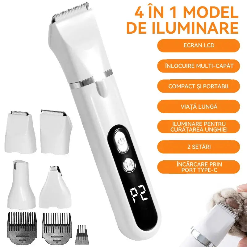 8-piece set--Trusă de Îngrijire 4 în 1 pentru Animale de Companie – Aparat de Tuns Câini și Pisici cu PILĂ de Unghii, Afișaj LED și Zgomot Redus【Consolă principală + 4 capete interschimbabile + 3 piepteni de ghidare】