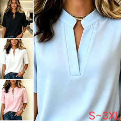 🥰【S-3XL】👕2026 Noua cămașă casual cu decolteu în V, mânecă scurtă, culoare solidă pentru femei