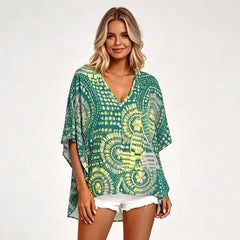 🛍️ Nou 2026: Bluză de Vară Stil Bohemian cu Decolteu în V și Imprimeu Ethnic 💃 Croială Lejeră cu Mâneci Liliac (Batwing), Material Răcoros | 4 Culori, Mărimi S-XXL