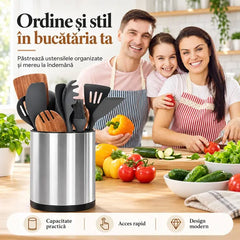 🍳 Suport Rotativ 360° din Oțel Inoxidabil pentru Ustensile de Bucătărie – Organizați Bucătăria Simplu și Elegant!