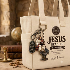 Breloc Creștin din Metal Bronz: Iisus Citind Biblia, Copacul Credinței și Versetul Ioan 14:6, Cadou Religios Deosebit