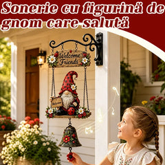 Clopoțel de Bun Venit cu Pitic de Grădină, Plăcuță „Welcome”, Clopoțel Retro din Bronz, Suport de Perete din Fier, Decorațiune Curte și Terasă