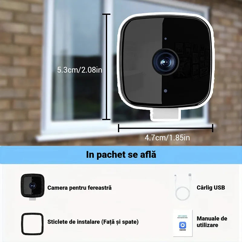 Cameră de Supraveghere Fereastră Mini WiFi 2MP (Versiune Upgradată) - Monitorizare de la Distanță pe Telefon, Prindere cu Bandă Magică Puternică, Audio Bidirecțional, Înregistrare HD pentru Casă Interior/Exterior