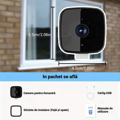 Cameră de Supraveghere Fereastră Mini WiFi 2MP (Versiune Upgradată) - Monitorizare de la Distanță pe Telefon, Prindere cu Bandă Magică Puternică, Audio Bidirecțional, Înregistrare HD pentru Casă Interior/Exterior