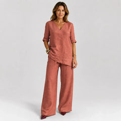 ❤️50% Reducere💥【40-100 kg】Set 2026: Top uni din bumbac și in, mânecă scurtă și decolteu în V + pantaloni casual drepți