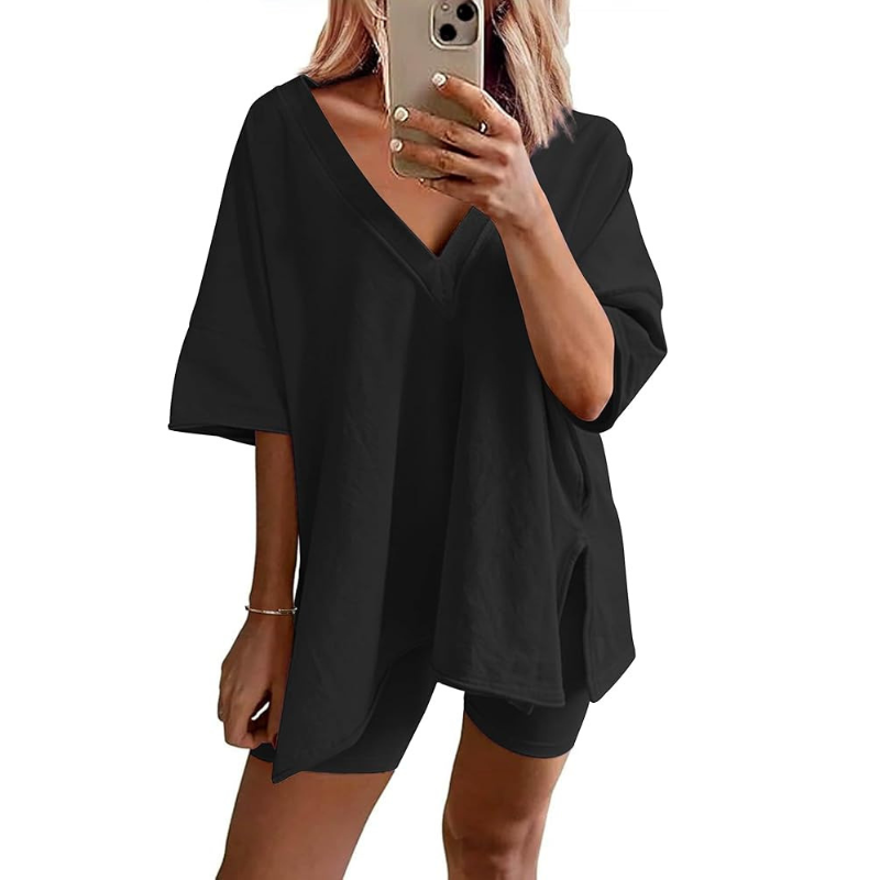 [Stil urban 2026] Set casual din bumbac 100% pentru femei: tricou lejer cu guler în V + pantaloni scurți de ciclism, 6 culori (S-2XL)! Casual și confortabil ✨