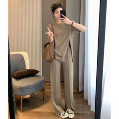 🔥【Top + pantaloni】（M~4XL）👕👖Set nou de pantaloni largi pentru femei, de vară, la modă, mărime plus, lejeră