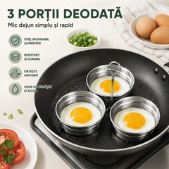 Formă din Oțel Inoxidabil pentru Ouă Ochiuri și Poșate – Set 3 Cavități cu Formă de Inimă / Cerc, Ideală pentru Micul Dejun, Budinci și Tarte 🍳🍳🍳