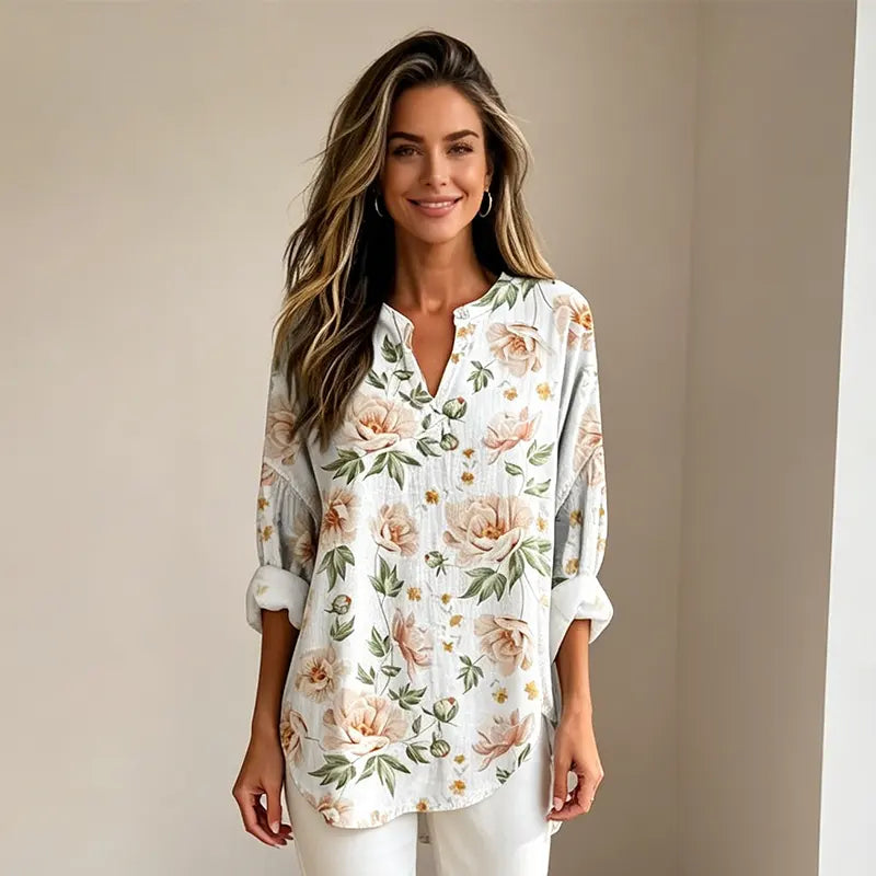 Cămașă de Damă Lejeră cu Imprimeu Floral Vintage, Guler în V cu Nasturi, Bluză Vaporoasă de Vară cu Mânecă Lungă Suflecată, Stil Casual-Elegant