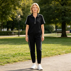 Costum Sport Casual din 2 Piese pentru Femei - Tricou cu Fermoar și Guler Polo, Pantaloni Lungi cu Dungi Laterale, Material Moale și Elastic de Vară