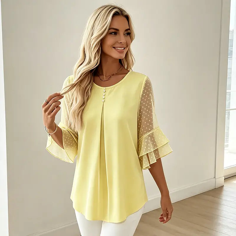 👚 Tricou elegant din șifon, cu mâneci tip volan (răsfirate)