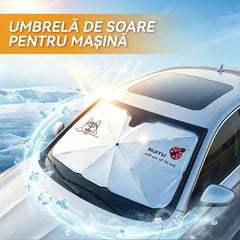 Umbrelă parasolar auto pentru parbriz, cu strat de argint titan anti-UV, izolație termică și imprimeu cu animale animate, design pliabil retractabil