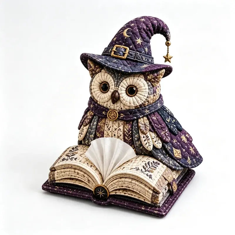 🛍️ Kit DIY Cusut Manual: Cutie de Șervețele "Bufnița și Culegerea de Magie" (Owl Spell Book) 🦉 Deco de Poveste & Kit Complet All-in-One | 5 Modele Magice, Cadoul Perfect pentru Pasionații de DIY