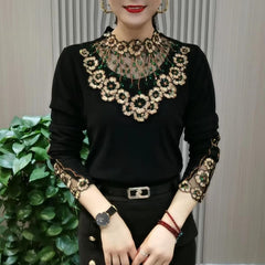 Bársony női hosszú ujjú felső csipkegallérral – puha, rugalmas, kényelmes alapdarab