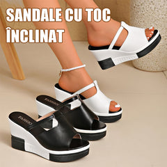 Sandale din Piele cu Toc Înclinat – Talpă Moale cu Amortizare ce Calmează Durerea de Picioare