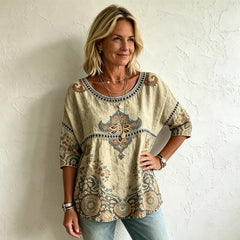 Stil Boho-Chic Parizian: Imprimeu digital vibrant și detalii rafinate din dantelă perforată pentru un look tineresc și plin de prospețime!
