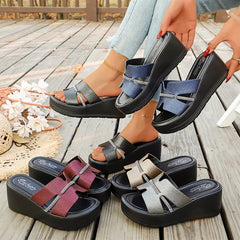 【Înălțare 6CM】Papuci eleganți din piele naturală cu platformă tip wedge și strasuri fashion
